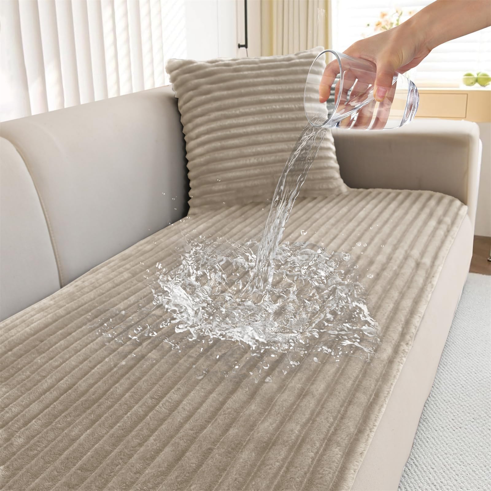 LINGKY Waterproof Sofa Covers 2 3 4 Seater Non Slip Sofa Slipcovers Super Soft & Thick Faux Fur Sofa Cushion Covers Pet Couch Covers Sofa Protectors from Pets/Kids/Dogs (Taupe, 70x70cm)