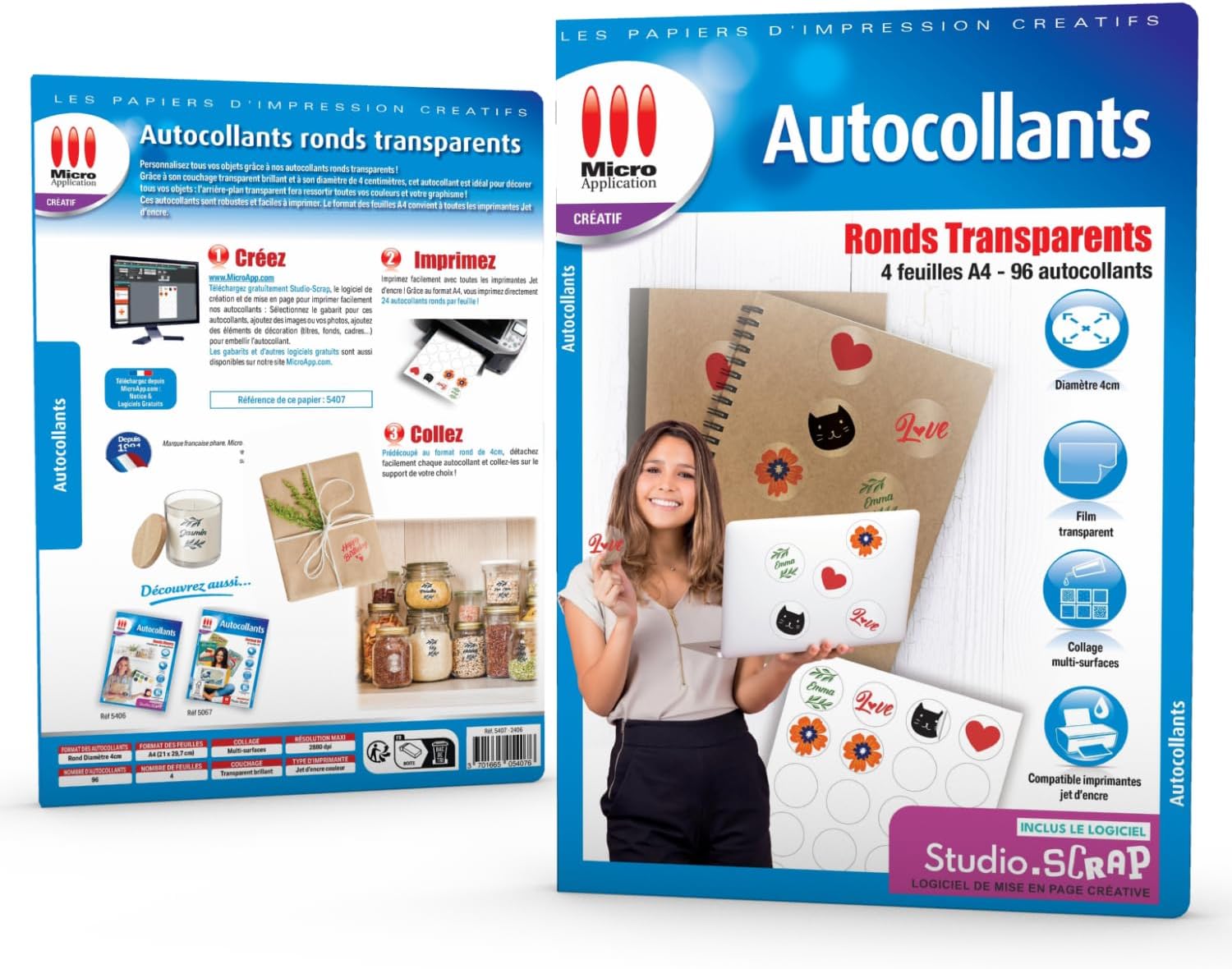 Micro Application - Self adhesive paper - Clear rounds - 4 sheets A4-96 stickers - 4cm diameter - Easy to print - Compatible with inkjet printers