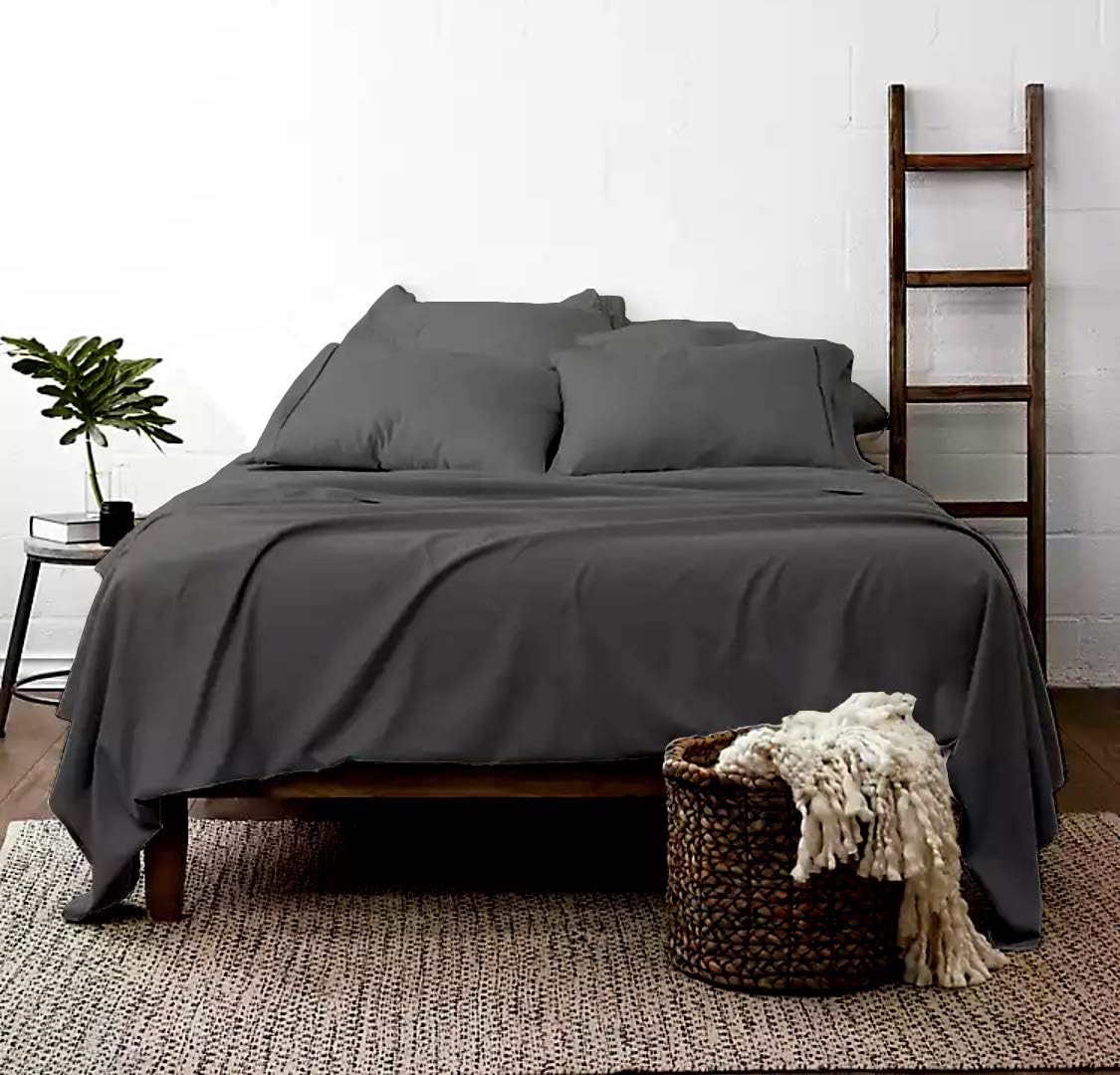 100% Organic Cotton Sheets, 800-Thread-Count, 4 PC Set, Eco-Friendly, Breathable, Luxury Soft Sateen Weave, Fits Mattress 15" Deep Pocket - |Twin, Dark Grey|