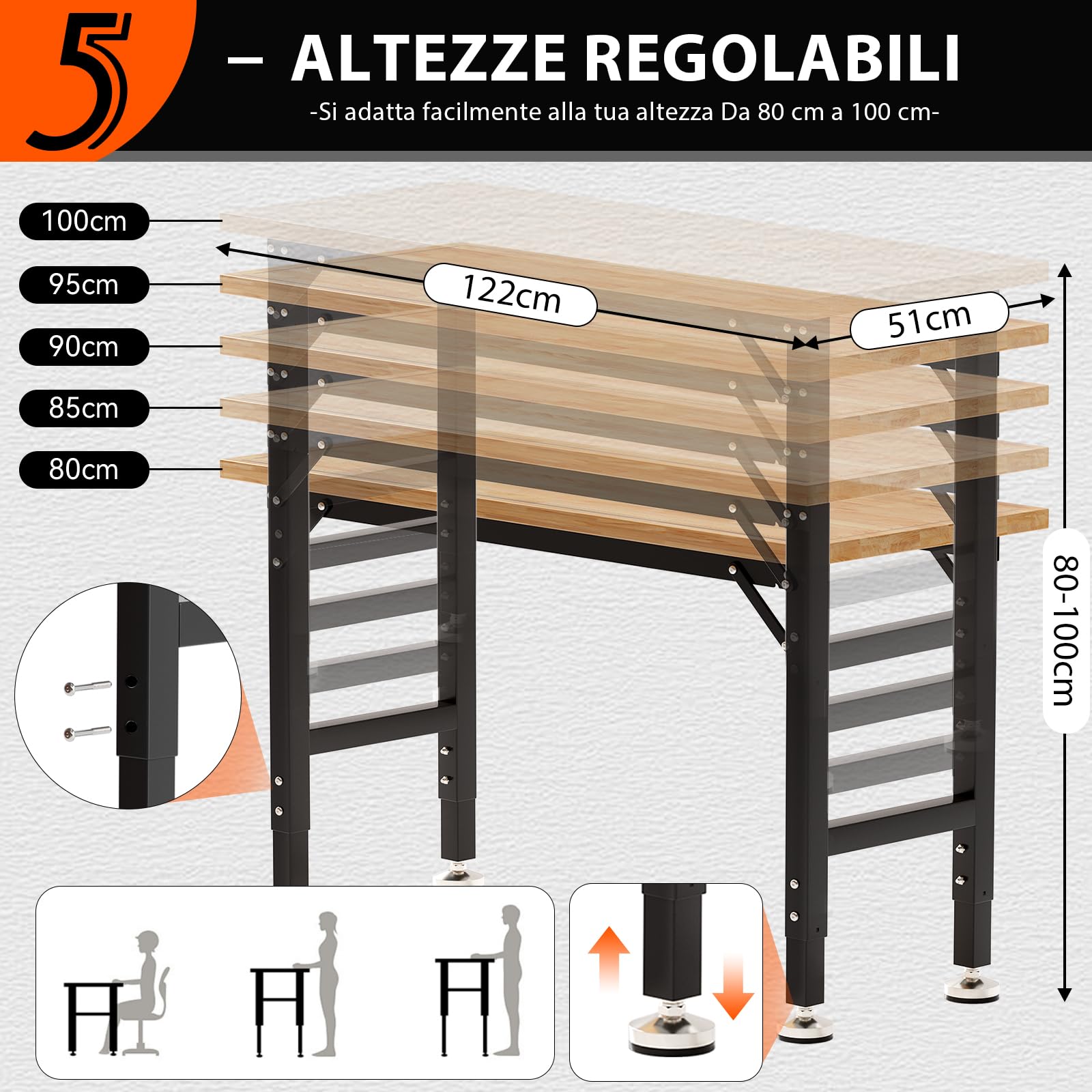 TLGREEN 2 Set Banco da Lavoro Regolabile,Tavolo da Lavoro in Legno di Gomma