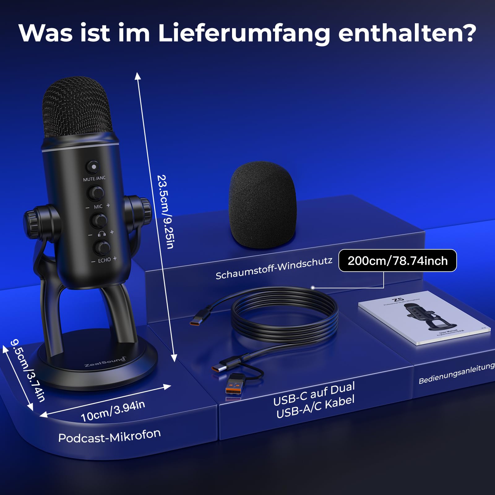 zealsound USB Mikrofon für PC & Smartphone, Plug & Play Podcast Mikrofon mit Rauschunterdrückung, Stummschaltung & Verstärkungsregelung, Desktop Kondensatormikrofon für Gaming, Streaming & Aufnahmen