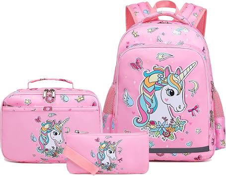 Girls Unicorn Backpack, Elementary School Kids Backpack for Girls Unicorn Bookbag Set with Chest Strap Lunch Bag and Pencil Case