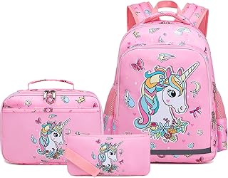 Girls Unicorn Backpack, Elementary School Kids Backpack for Girls Unicorn Bookbag Set with Chest Strap Lunch Bag and Pencil Case