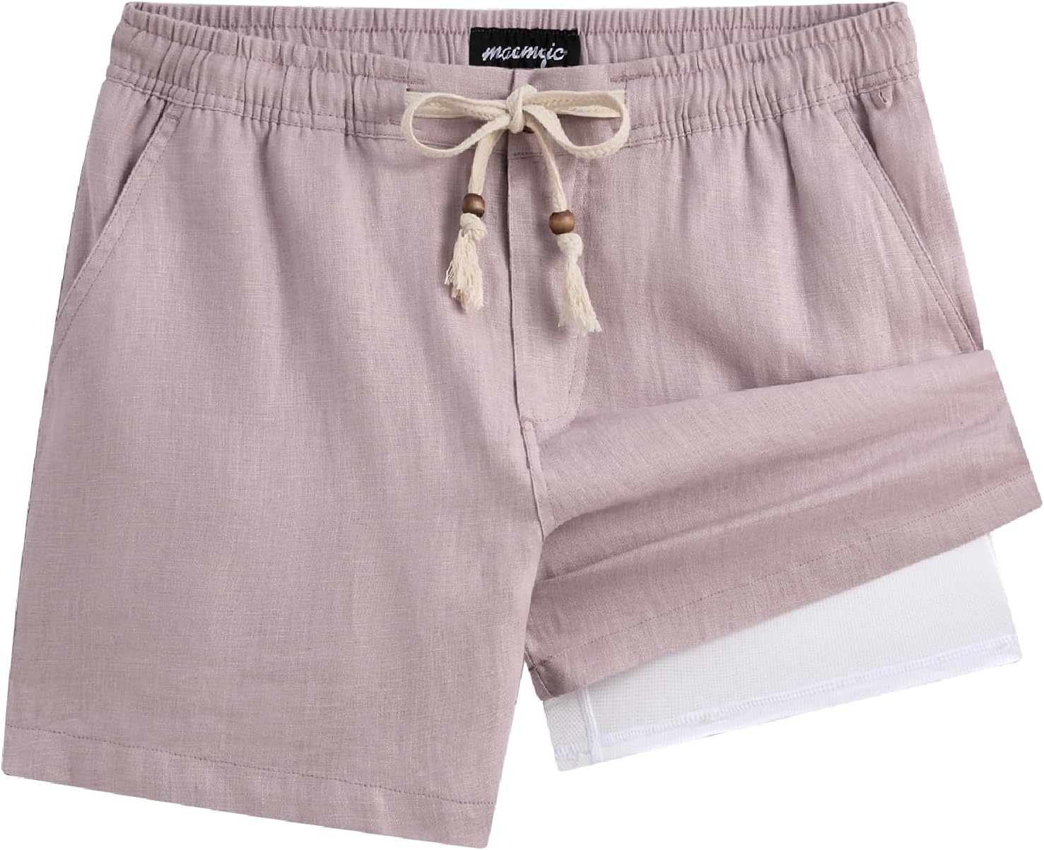maamgic Mens Casual Linen Shorts 5/7 Inch Elastic Waist Drawstring Summer 2 in 1 Beach Short with Pockets