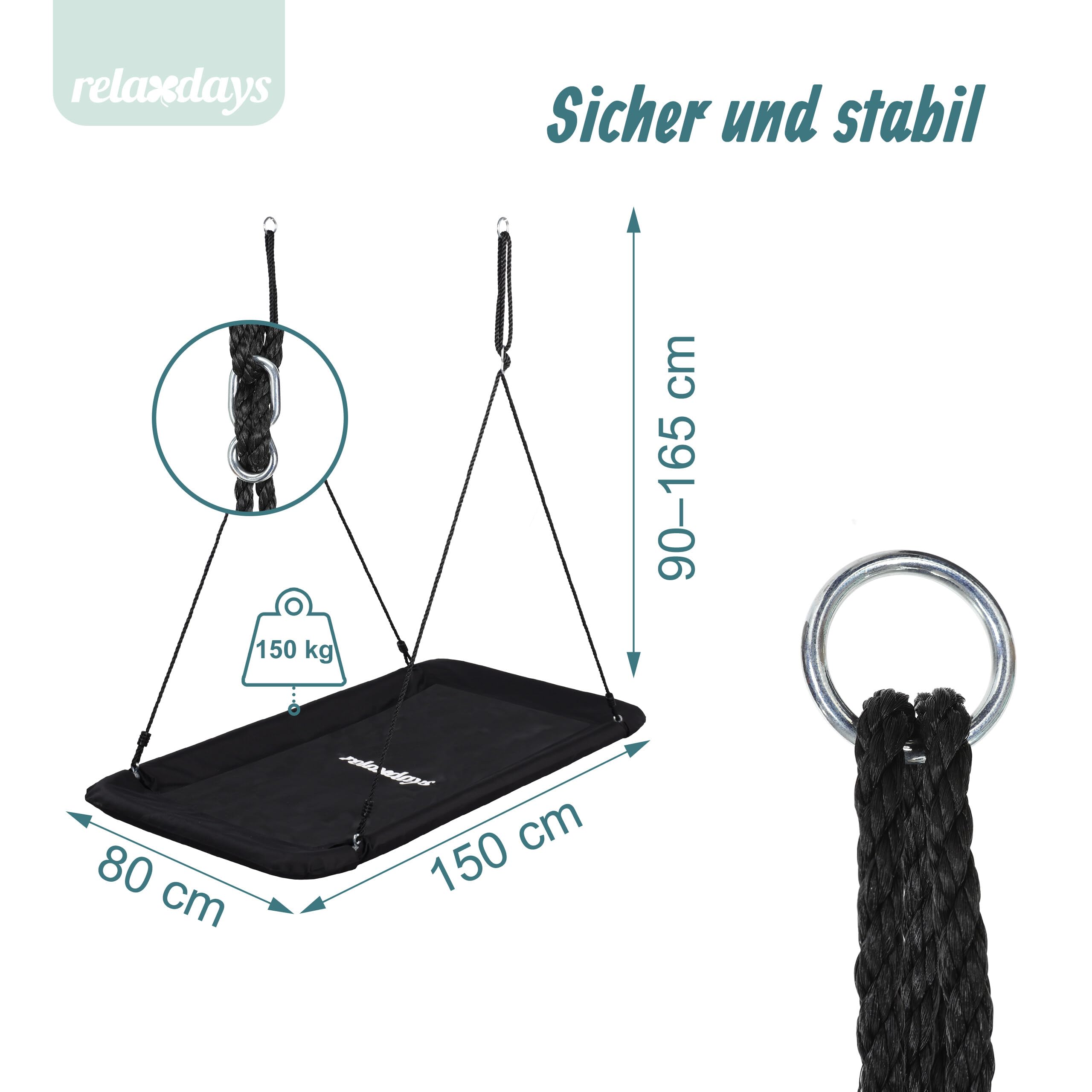 Relaxdays Nestschaukel, eckig, Schaukelnest Kinder & Erwachsene, 150 kg, Mehrkindschaukel Outdoor, BT 150x80 cm, schwarz