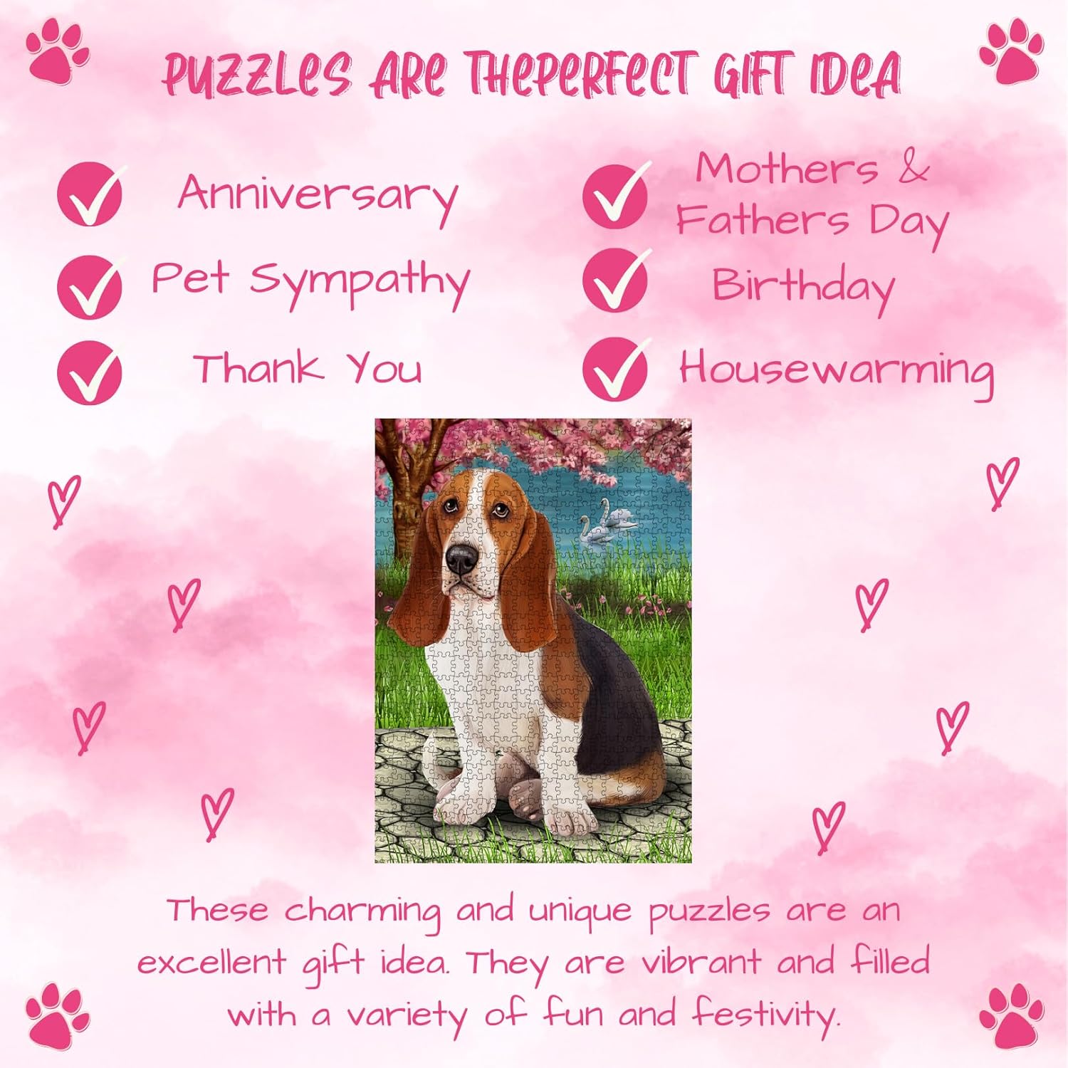Floral Swan Basset Hound Dog Jigsaw Puzzle for Adults - Animal Printed Interlocking Puzzle Game Artwork - Gift for Dog Lover's-1000 Pcs 20"x30"