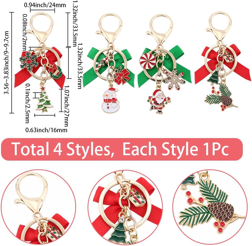 SUNNYCLUE 1 Box 4pcs Christmas Holiday Bag Charm Winter Snowman Keychain Alloy Enamel Night Before Christmas Themed Snowman Trees with Bowknot Charms for Purse Women Friendship Backpacks Decoration