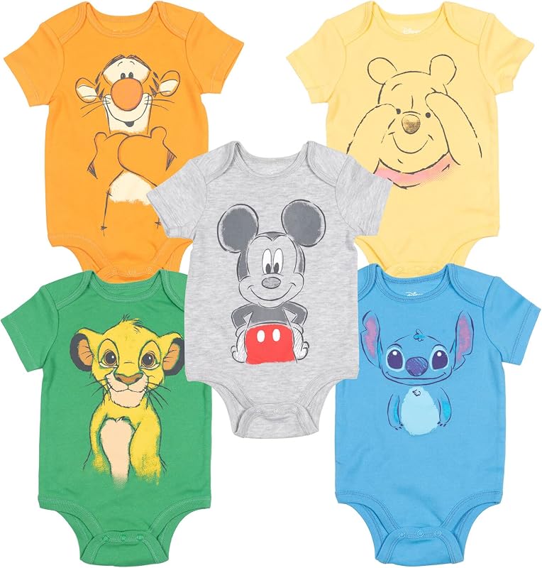 Disney Baby, paquete de 5 bodis de manga corta para recién nacidos y bebés