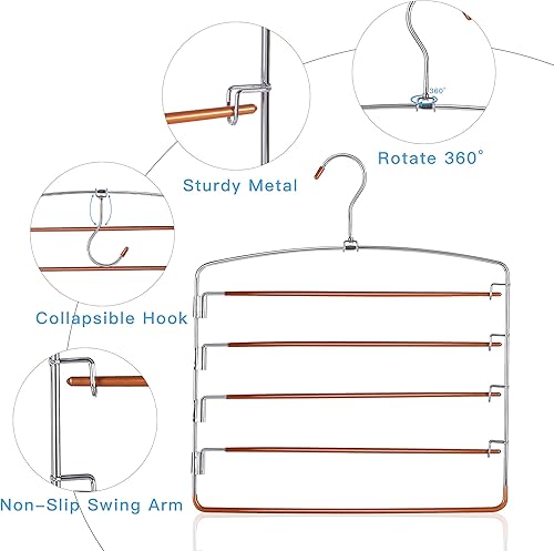 Miniatura 4 de FeeraHozer Perchas antideslizantes para pantalones, paquete de 3 perchas que ahorran espacio, brazo oscilante multicapa, acero inoxidable, ahorrador