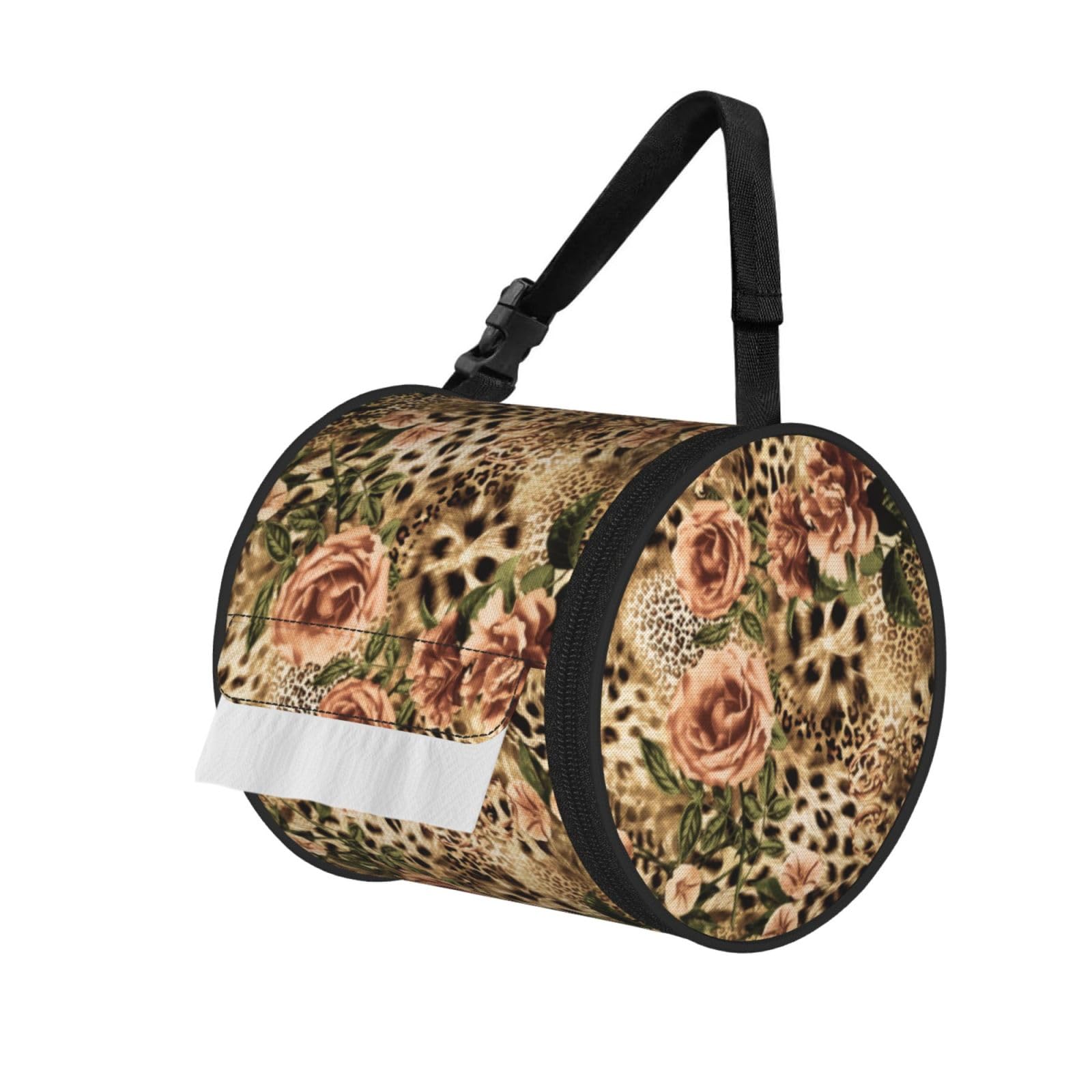 Jiuty Black Striped Leopard Print Cylinder Tissue Organizer Bag With Strap, Portable Toilet Roll Holder For Camping Car