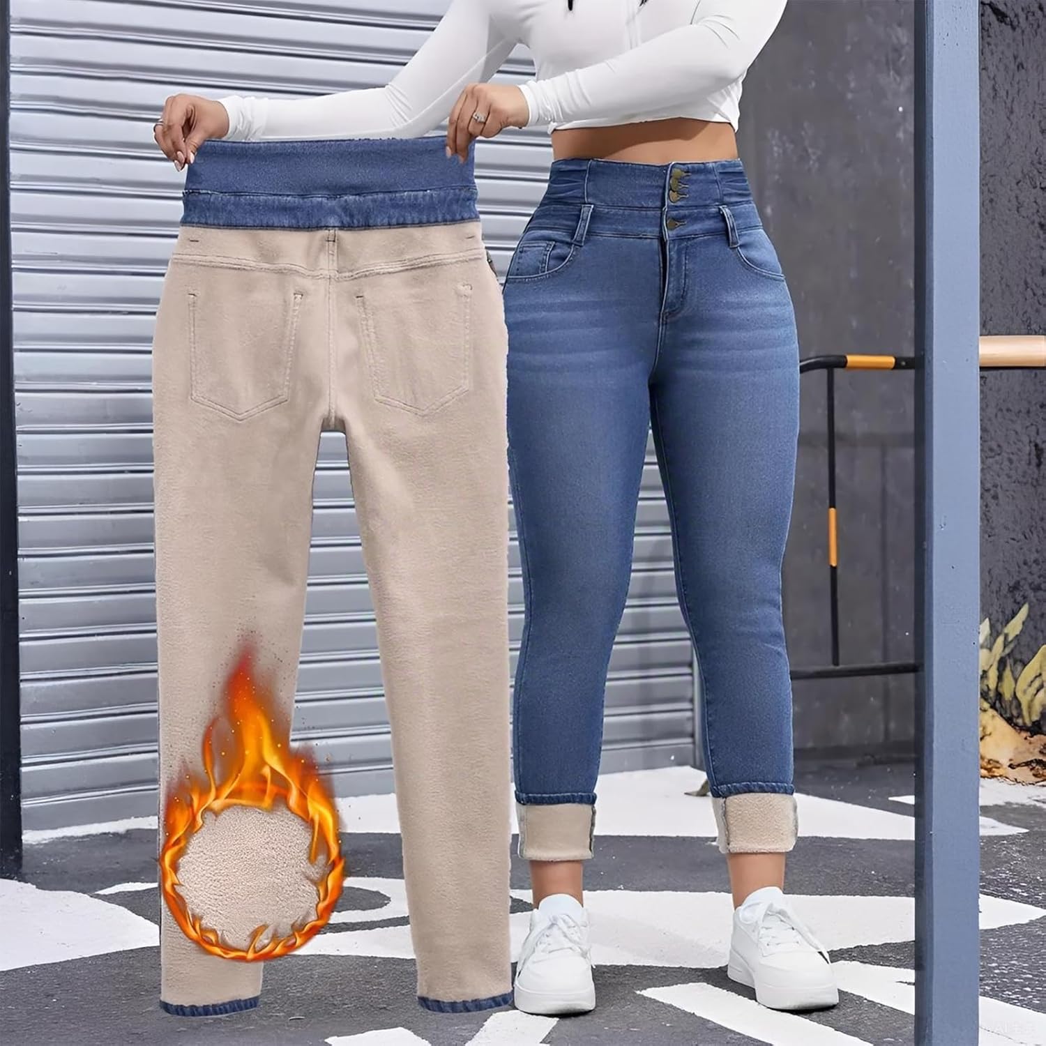 Women's Fleece Lined Jeans Winter Thermal High Waisted Skinny Stretch Denim Pants - Thick Warm Lined Jeggings - Image 2