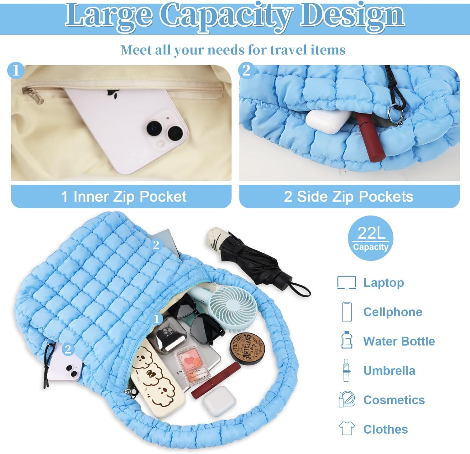 izuzta Quilted Puffer Tote Bag for Women Large Crossbody Bag Lightweight Nylon Puffy Quilted Carryall Hobo Puff Shoulder Bag - Image 5