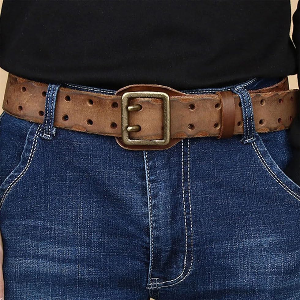 Pohullan Men Leather Double Brass Metal Pin Belt 3.8cm Wide Vintage Adjustable Leather Belt3