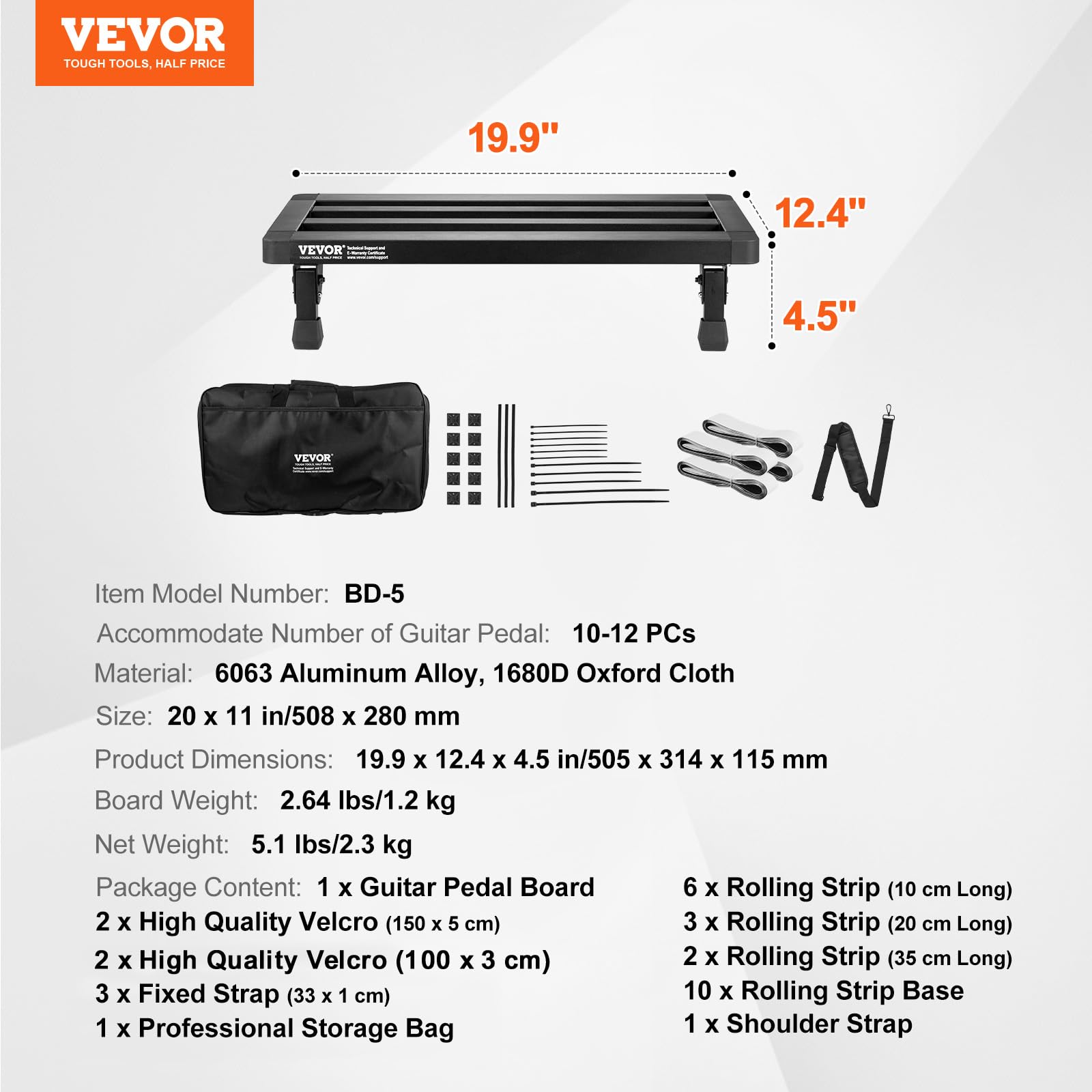 VEVOR gitarowy 508 x 280 mm, stop aluminium, 1,2 kg, super lekki, składany do efektów gitarowych, z torbą do przenoszenia, zapięcie na rzepy, paski rolowane do 10-12 pedałów gitarowych
