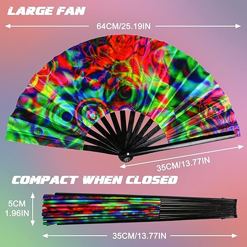 Miniatura 7 de Ventilador plegable grande para rave, ventilador plegable de bambú chino japonés con brillo UV, ventilador de mano para baile, música, festival