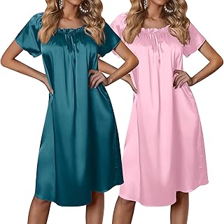 Ekouaer Satin Nightgowns for Women 2 Pack Silk Nightgown Pleated Loose Night Shirts Short