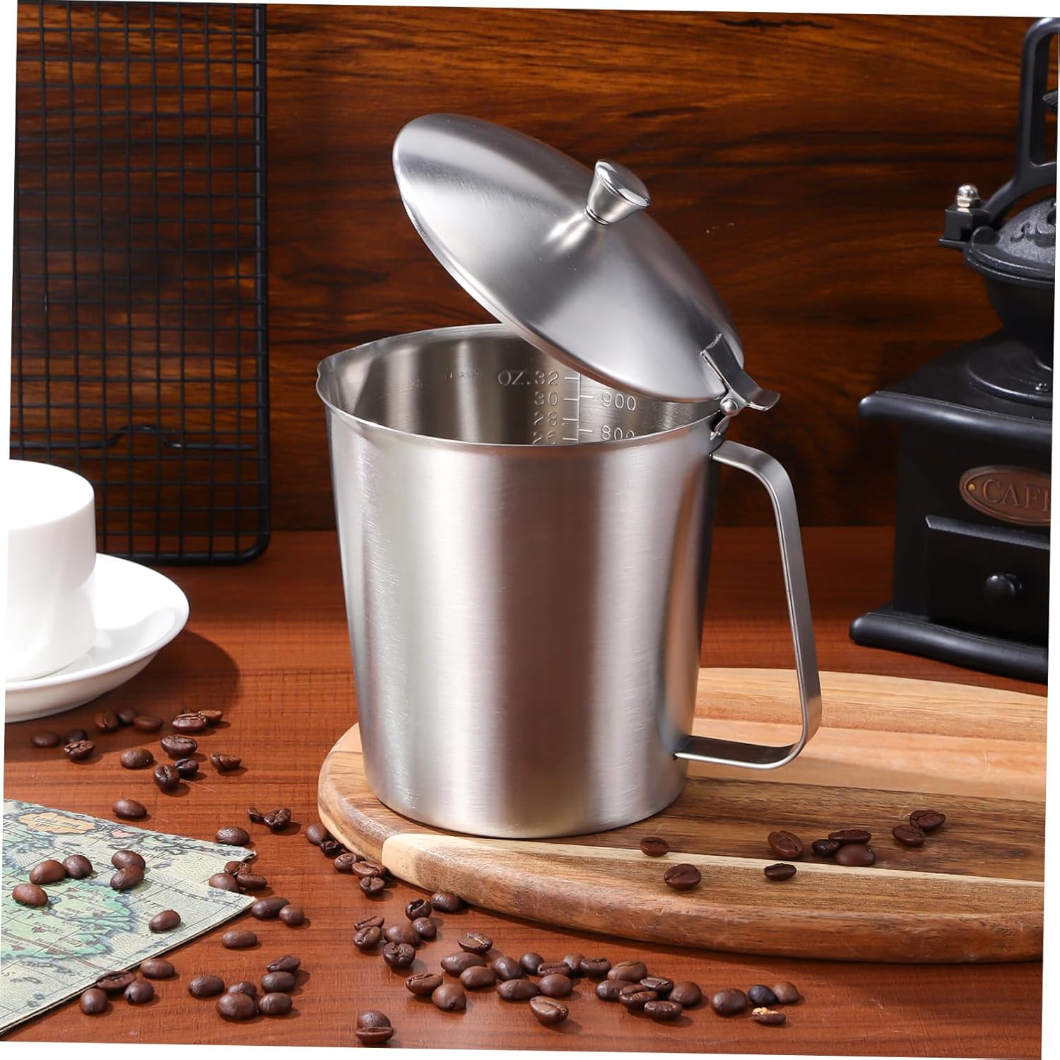 Milk Cup Lid Espresso Latte Art Cup 1000ml Scales Stainless Steel for Coffee and Milk Tea