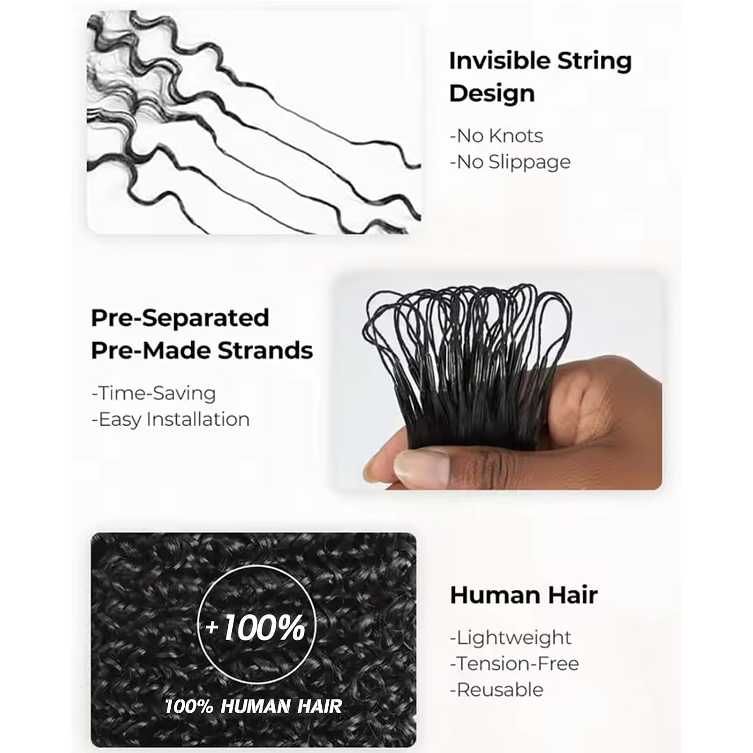 Feather Crochet Human Hair Burmese Curly 18 Inch 100g Knotless Pre‑Separated Invisible Miracle Knots Hair Lightweight Reusable Crochet Hair Extensions Natural Black