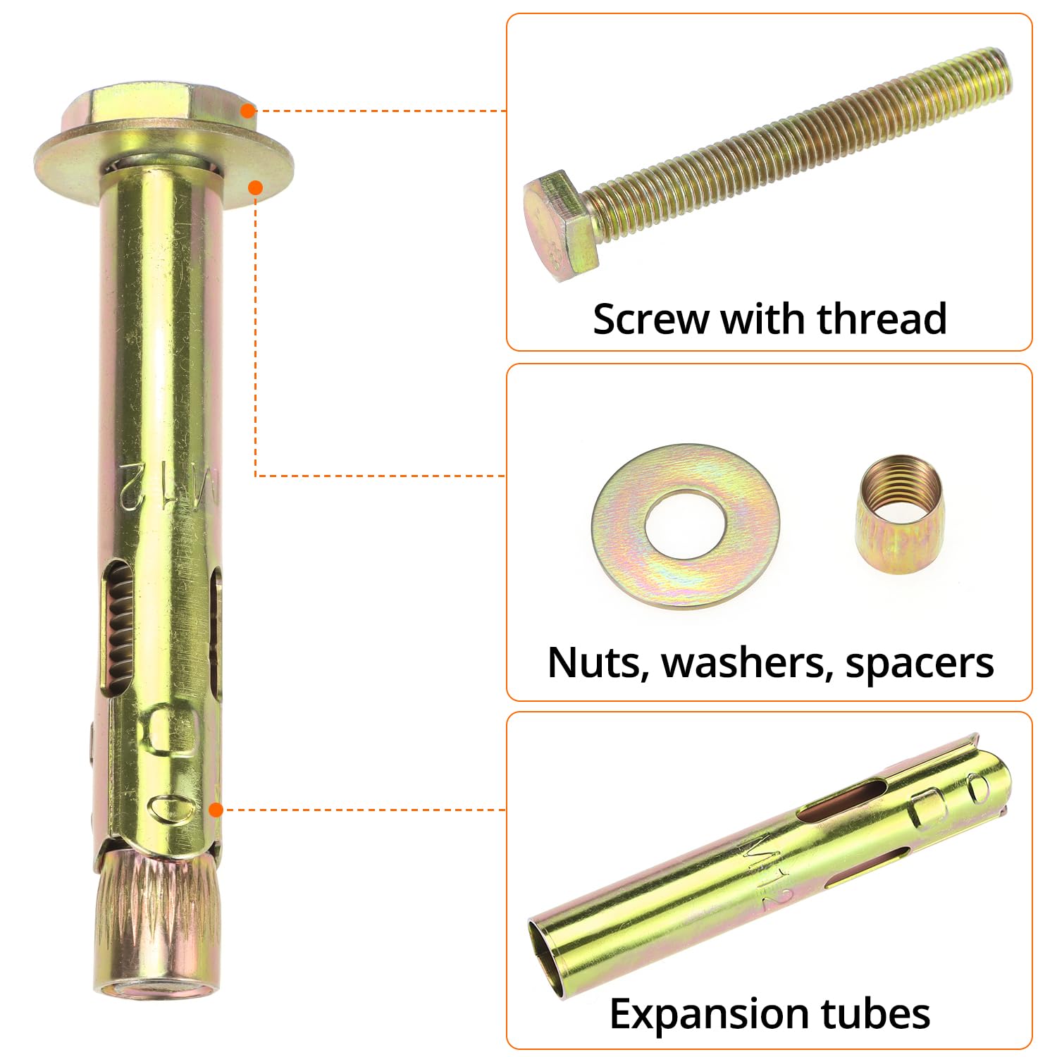 QWORK® 24 Pcs Heavy Duty Anchor Bolts Set (M6, M8, M10), Zinc-Plated Carbon Steel Expansion Screws for Wall Concrete, Brick - Image 3
