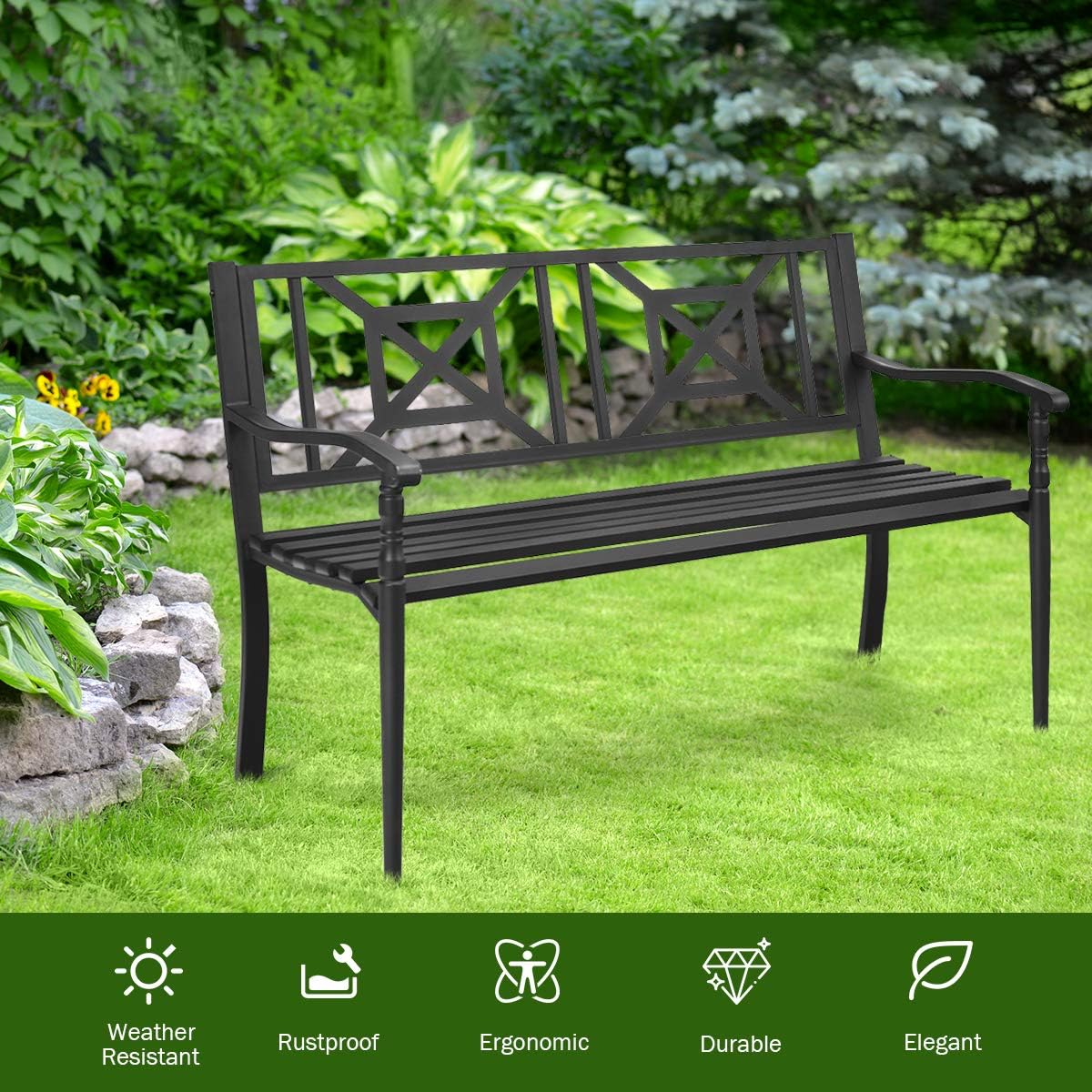 S AFSTAR Outdoor Garden Bench, Metal Porch Bench Seat with Slated Seat & Decorative Backrest, 2-Person Loveseat for Patio Garden, Powder Coated Iron Frame, Patio Bench Front Door Bench for Outside
