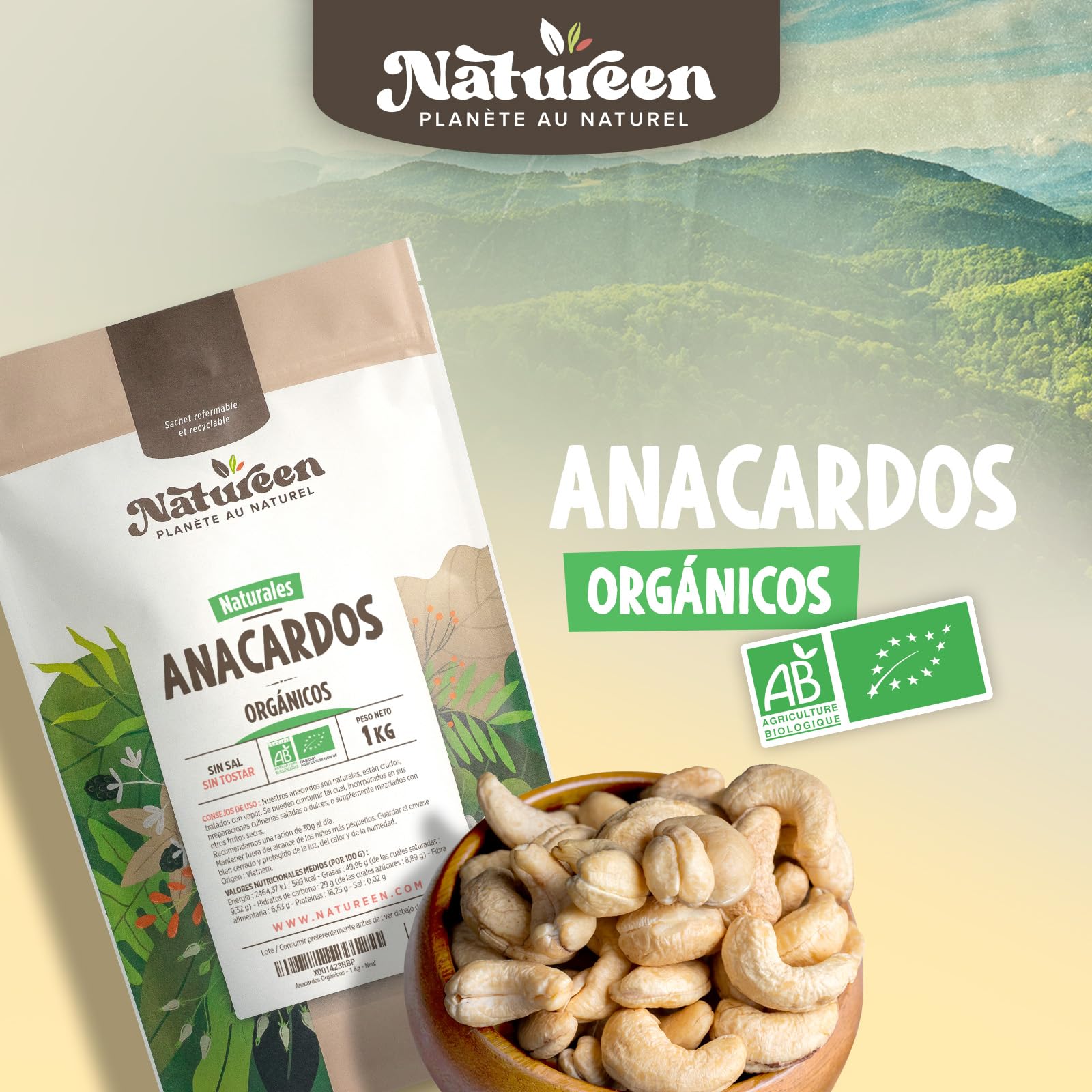 Anacardos Bio 1kg - Sin sal, Sin tostar, 100% Natural - En-cas, Colación, Cocina - Premium