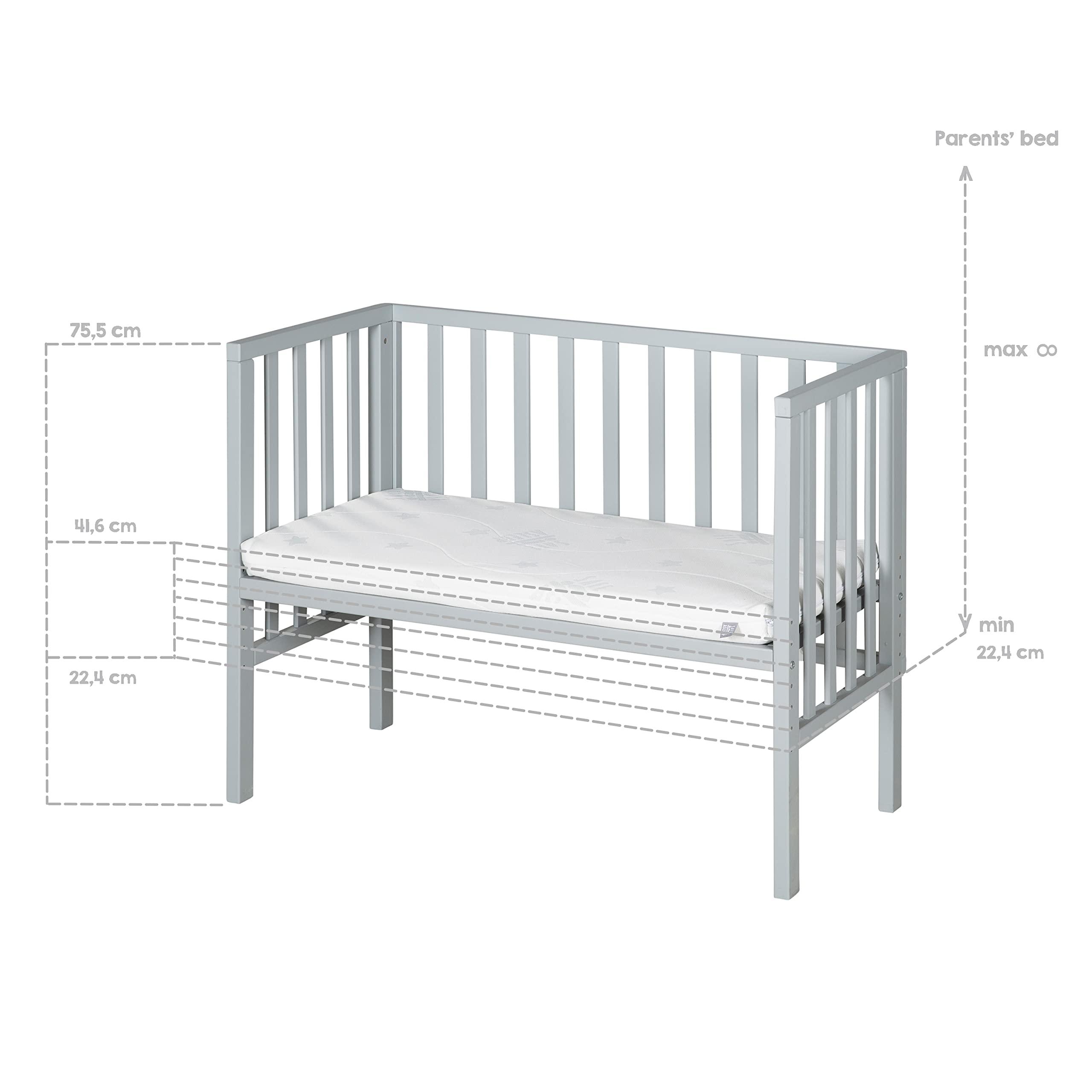 roba Lettino Co-sleeping 2 in 1, Inserto safe asleep 45 x 90 cm e Barriera, Adatto a Tutte le Altezze dei Letti dei Genitori, dalla Nascita, Trasformabile in Panca, Legno Laccato Grigio