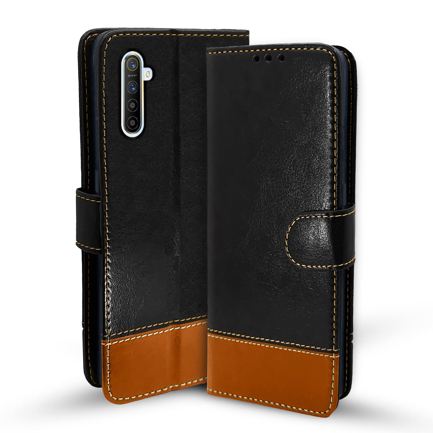 Pikkme Realme XT/X2 Flip Cover Black Black & Brown - Image 1