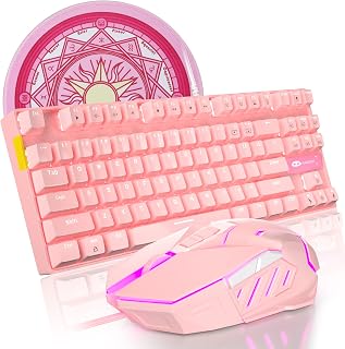 Pink Mechanical Gaming Keyboard and Mouse Combo&Large Mouse Pad, 87 Keys Small Compact LED Backlit Keyboard- MK-Star Wired USB Gaming Keyboard with Blue Switc