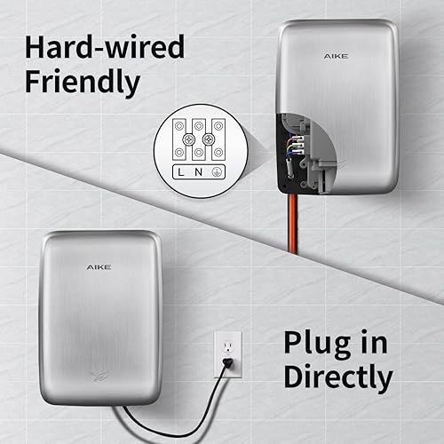 Miniatura 4 de AIKE UL aprobado compacto Jet secador de manos con cable duro, 1350W 120V cepillado acero inoxidable modelo AK2803D