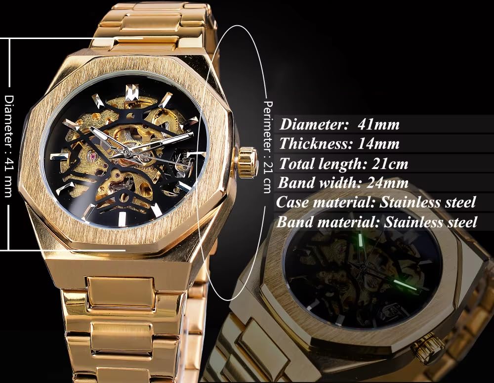 Orologio scheletrato meccanico da uomo, design a carica automatica a cuore aperto, cinturino in acciaio inox, orologio scheletro di alta qualità da indossare, Oro nero, Classico