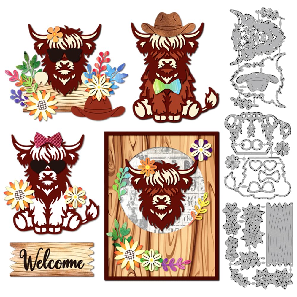 MAYJOYDIY Highland Cow Metal Cutting Dies, Farm Animal Dies Cowboy Hat Flower Wooden Sign Embossing Template for Card Making Scrapbooking Album Home Decor DIY Crafts