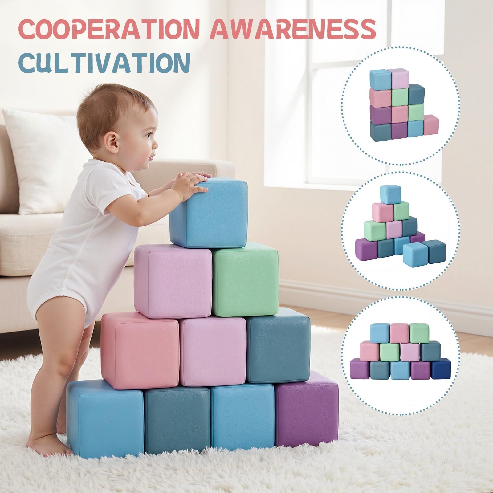 JungleDove Soft-Spielset: Weiches Babispielzeug für Innen – 12-Teiliges Set aus Schaumstoff Bausteine Kinder mit PU-Lederbezug für Kleinkinder, Jungen & Mädchen, Wohnzimmer & Kinderzimmer