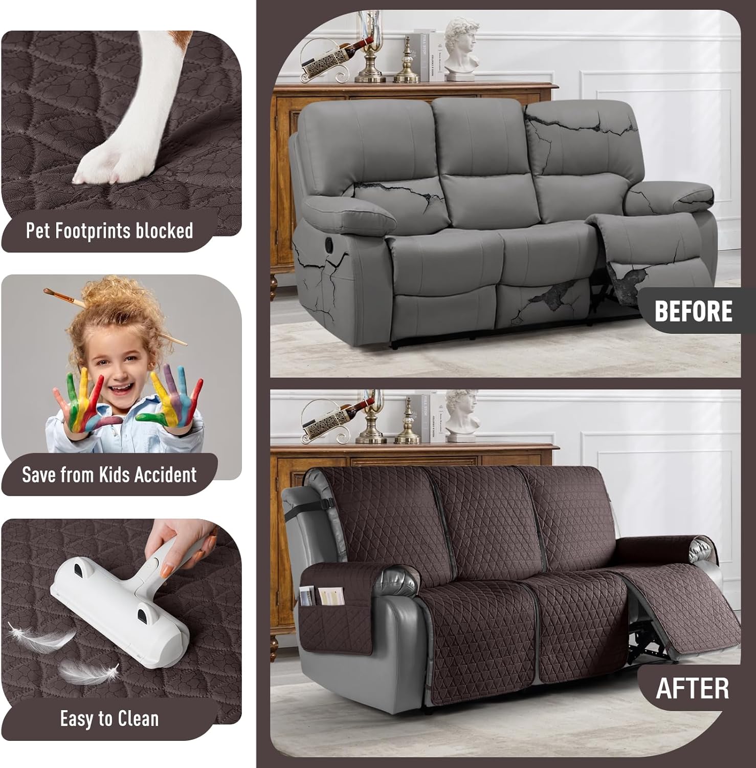 TAOCOCO 100% Waterproof Recliner Cover, Non-Slip Washable Reclining Couch Cover with Elastic Leg Straps, Furniture Protector for Dogs (Chocolate, 3 Seater)