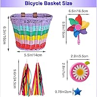 Vista 5 de Cesta de bicicleta para niñas, cesta de bicicleta ajustable para manillar delantero con serpentinas de bicicleta, juego de campana/molino de viento