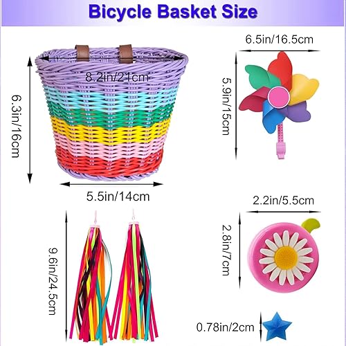 Miniatura 5 de Cesta de bicicleta para niñas, cesta de bicicleta ajustable para manillar delantero con serpentinas de bicicleta, juego de campanamolino de viento