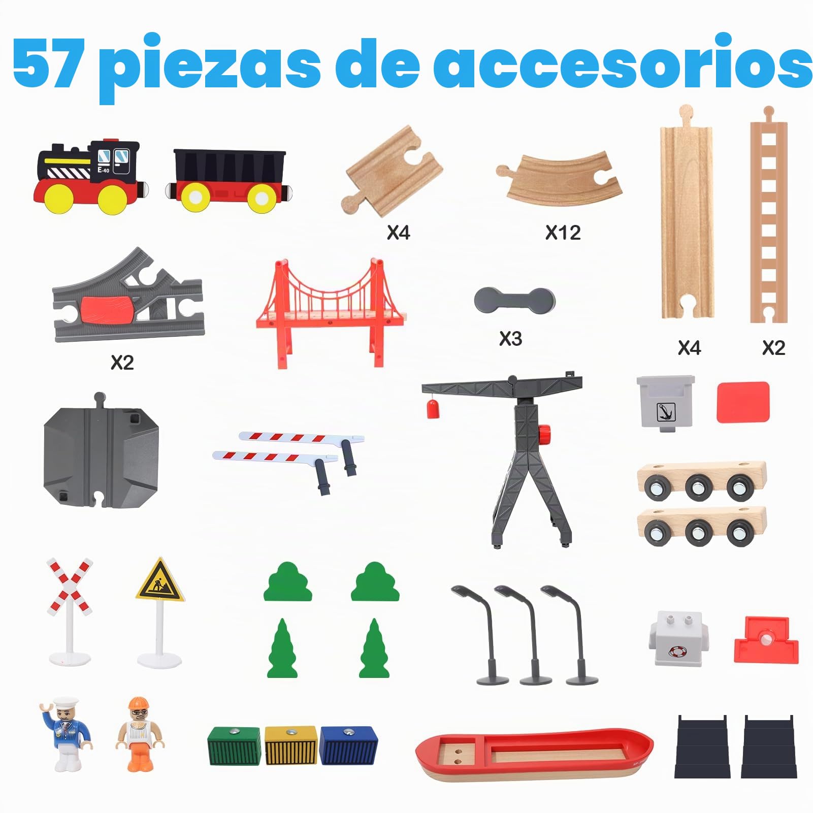 LZDMY Juego de Tren de Madera para Niños, 57 Piezas Tren Eléctrico Compatible con Vías Brio, Madera de Juguete para 3 4 5 6 Años Juguete de Regalo para Niño y Niña