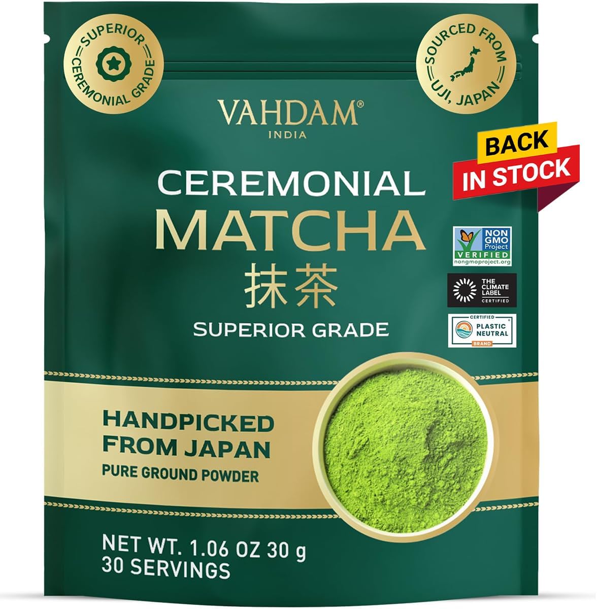 VAHDAM Ceremonial Matcha Green Tea Powder (30g) | Certified Ceremonial Grade Japanese Matcha | Handpicked from Uji, Japan | Smooth & Balanced Taste