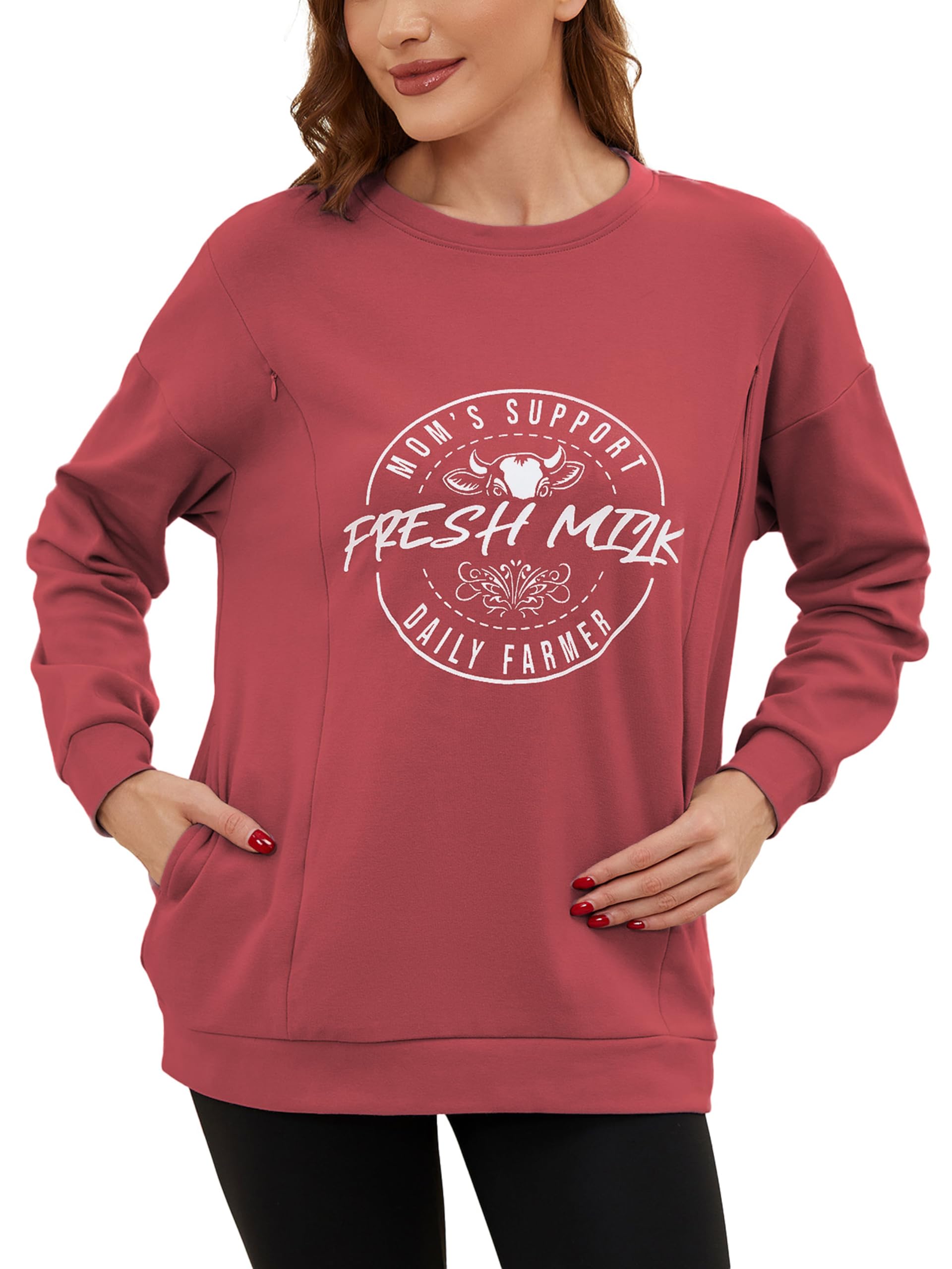 T-shirt d'allaitement à manches longues pour femme - Décontracté - Fermeture éclair invisible - Sweatshirt pour l'allaitement - Mode de maternité - Avec poche