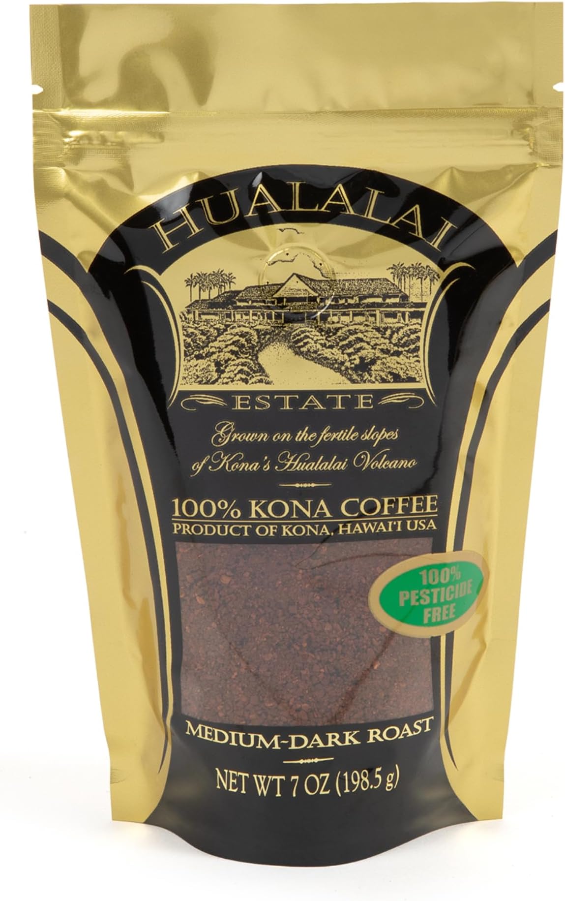 100% Pure Kona Ground Coffee - Medium Dark Roasted Hawaiian Grown Beans - Pesticide-Free Gourmet Grade Premium Coffee (7 oz)