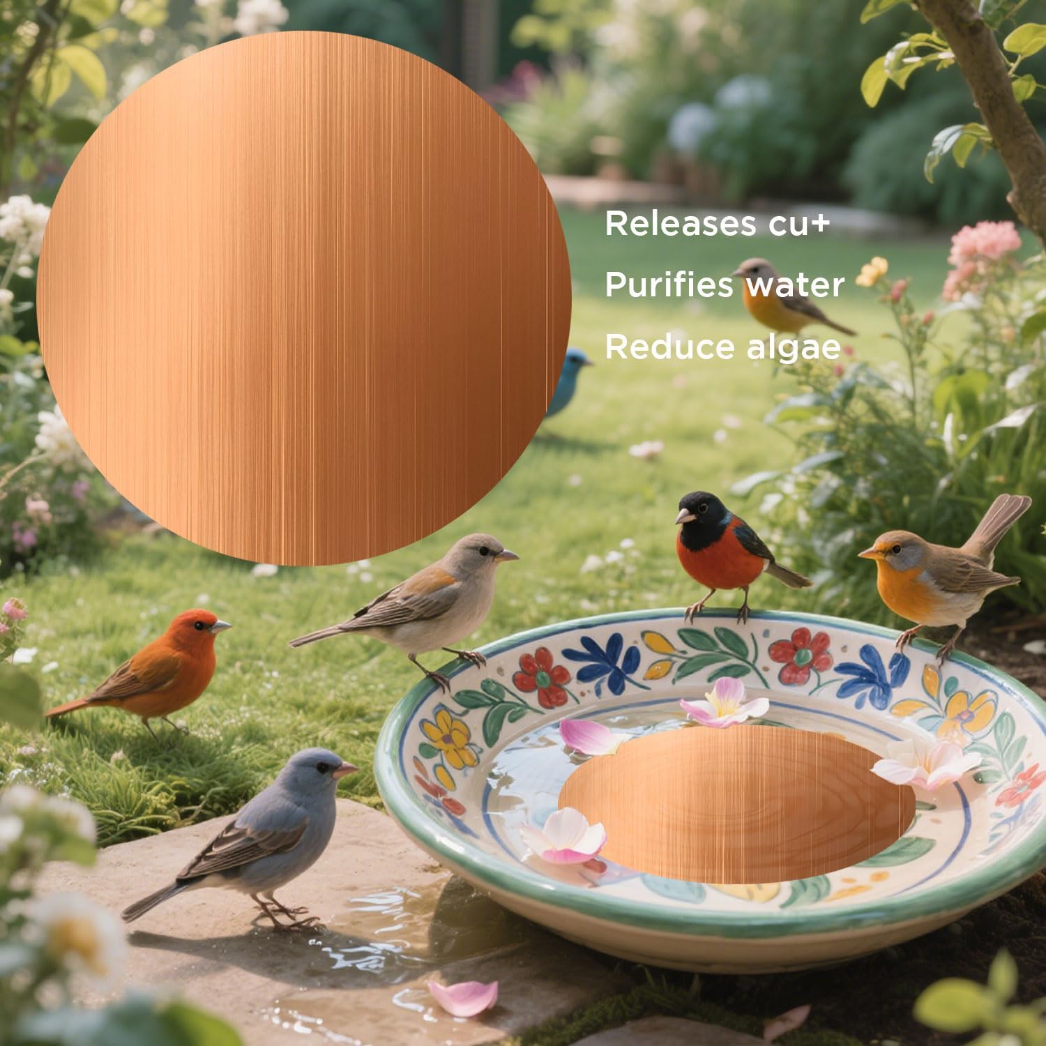 Joyfulmap 4 Pcs Copper Bird Bath Purification Disk, 99.99% Pure Copper Cleaning Disk, Support for Physical Safe Clean Water, 0.8mm Extra Thick, Minimalist, Universal Fit for Bowl, Birdbaths