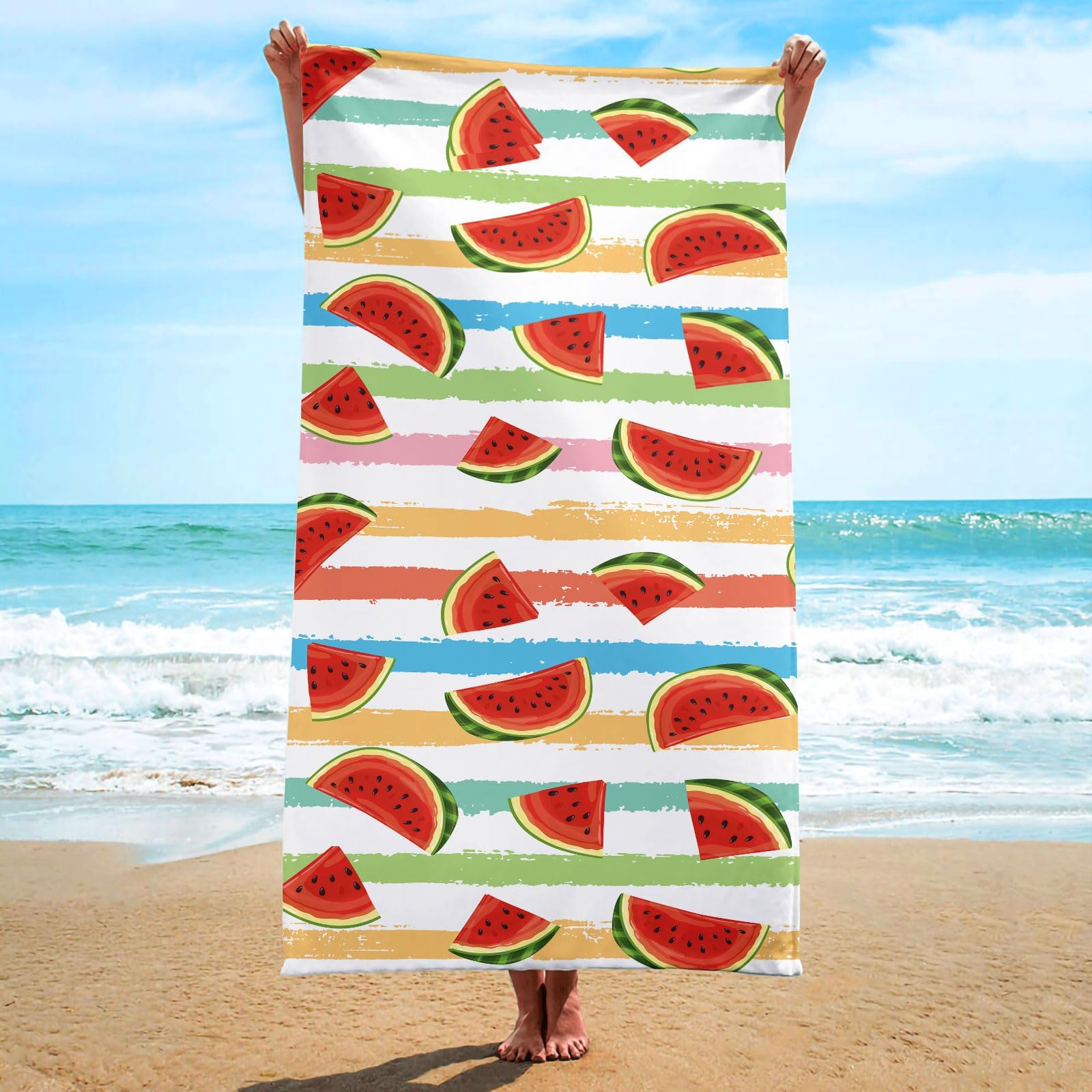 IrisbellMicrofiber Beach Towel 63 x 32 inch Large Sand Free Towels for Travel,Quick Dry Absorbent Swimming Beach Towels for Pool Yoga Gym Camping (Striped Watermelon)