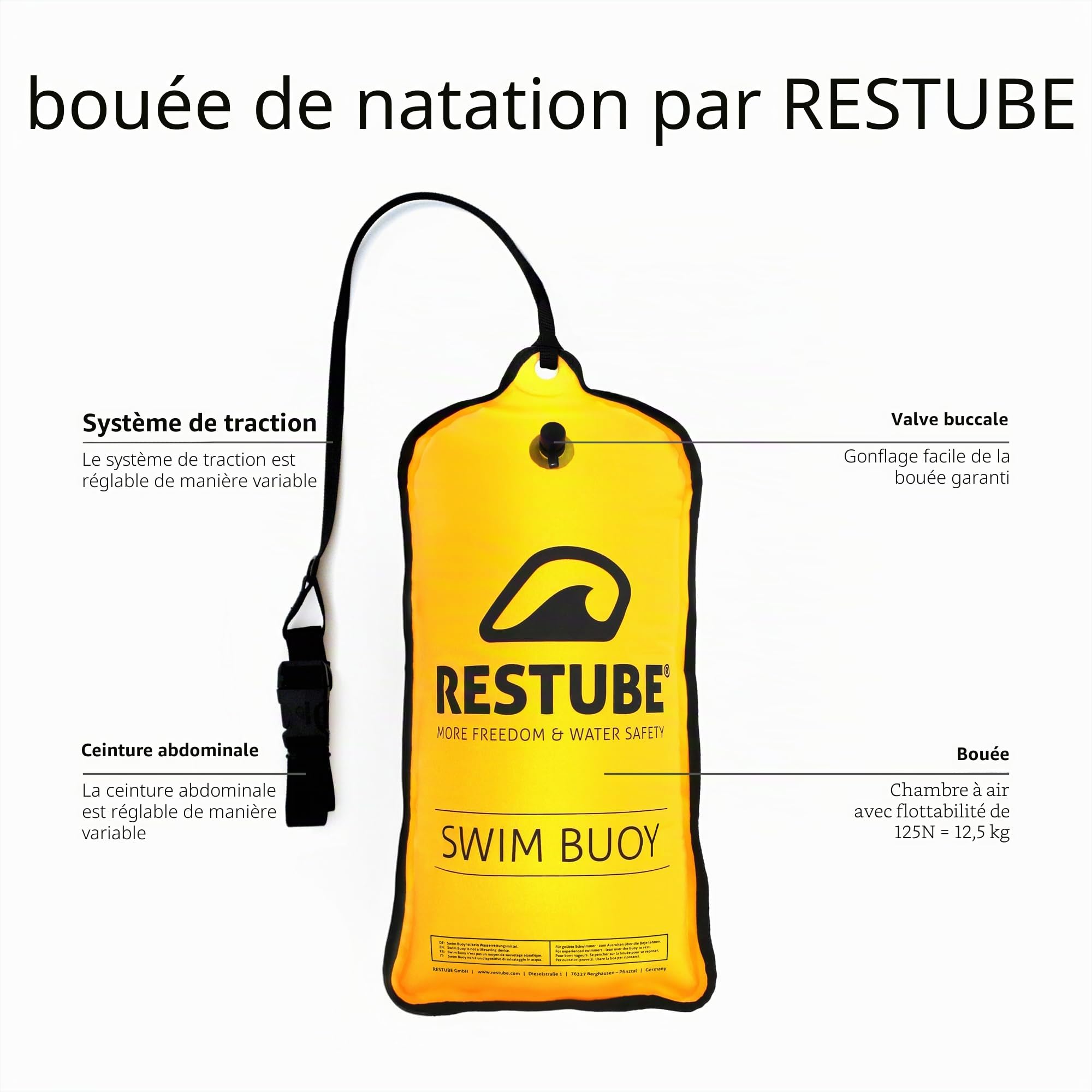 Restube Bouée de nage Classic - Bouée gonflable de 12,5 kg pour eau libre, triathlon, SUP et nage sauvage - Jaune signal léger pour la visibilité et la sécurité en nage
