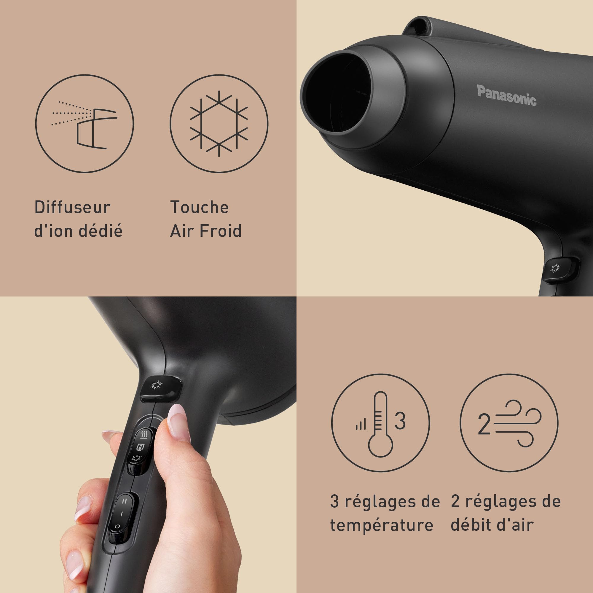 Panasonic EH-NE85-K825 Sèche-Cheveux Ionique Série Fast Dry, Diffuseur, Embout Air Boost et Concentrator, mode Protection Contre la Chaleur, Technologie Ionique 2300 W, Filtre Facile à Nettoyer, Noir