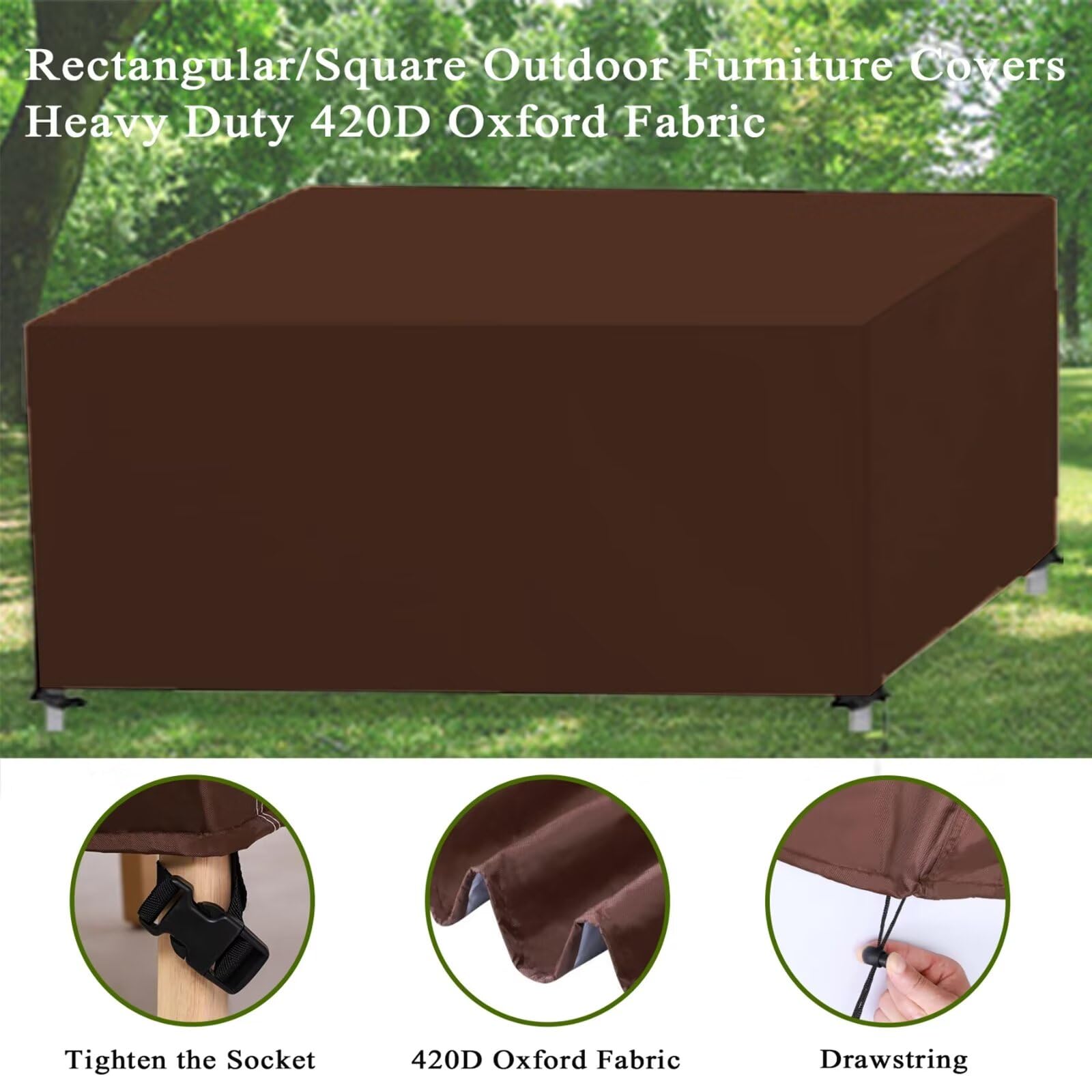 Copertura per Mobili da Giardino,Tessuto Oxford 420D Copertura per Tavolo da Giardino Esterno Rettangolare,Impermeabili,Antipolvere e Resistenti ai Raggi UV Marrone 200x130x75cm