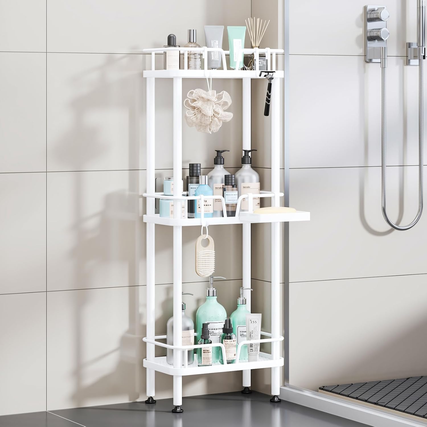 HapiRm Standing Corner Shower Caddy - 3 Tier Corner Shower Organizer with Soap Holder, Rustproof Stainless Steel Bathroom Shelf with 4 Hooks, Black