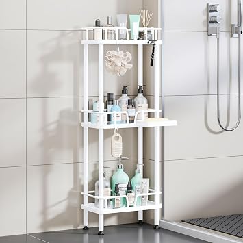 HapiRm Standing Corner Shower Caddy - 3 Tier Corner Shower Organizer with Soap Holder, Rustproof Stainless Steel Bathroom Shelf with 4 Hooks, White