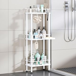 HapiRm Standing Corner Shower Caddy - 3 Tier Corner Shower Organizer with Soap Holder, Rustproof Stainless Steel Bathroom Shelf with 4 Hooks, White