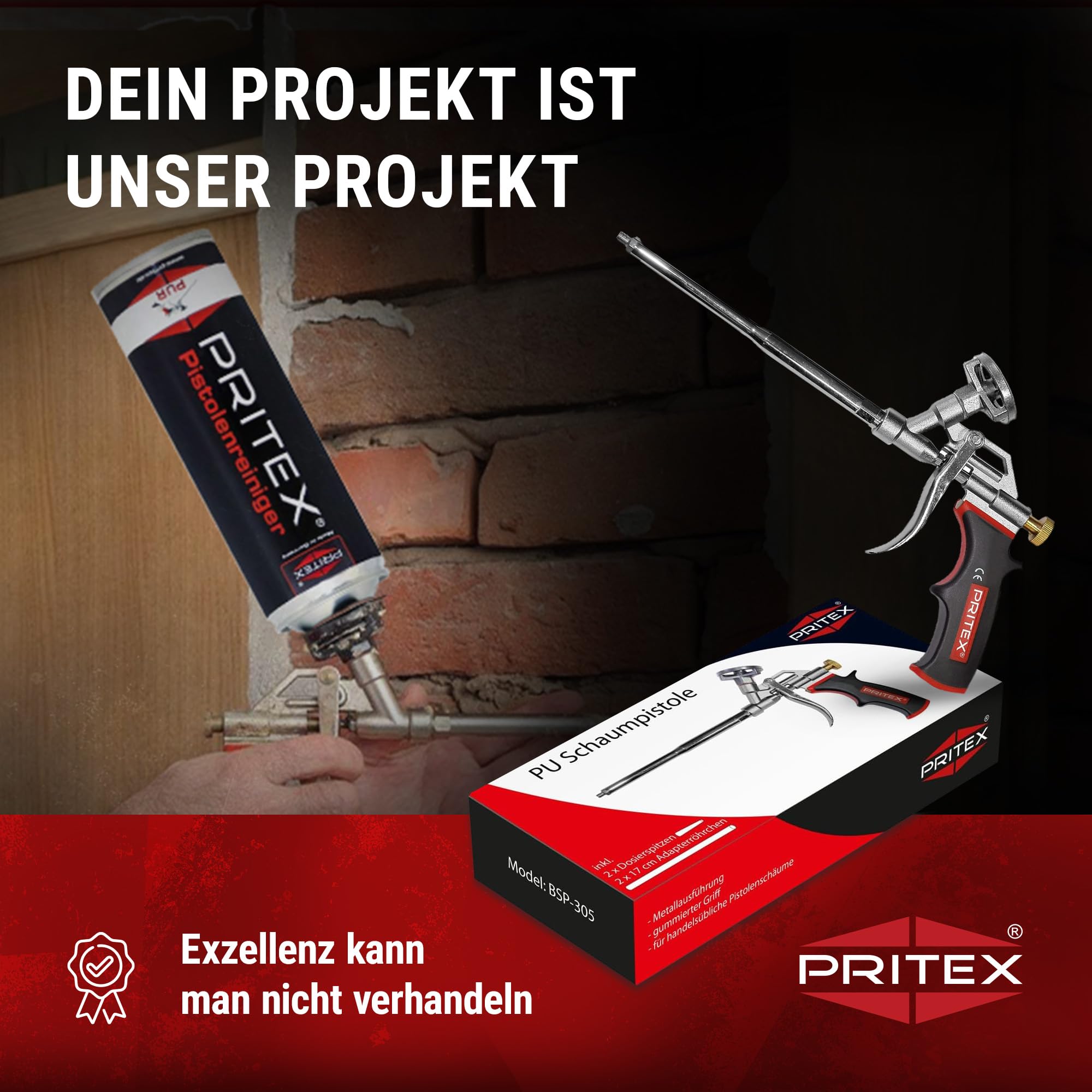 PRITEX – 1 x Schaumpistole inkl. Düsenverlängerung – Bauschaumpistole für Pistolenschaum, Bauschaum, Montageschaum uvm. – Metallpistole mit gummiertem Handgriff – Montagepistole für präzise Dosierung