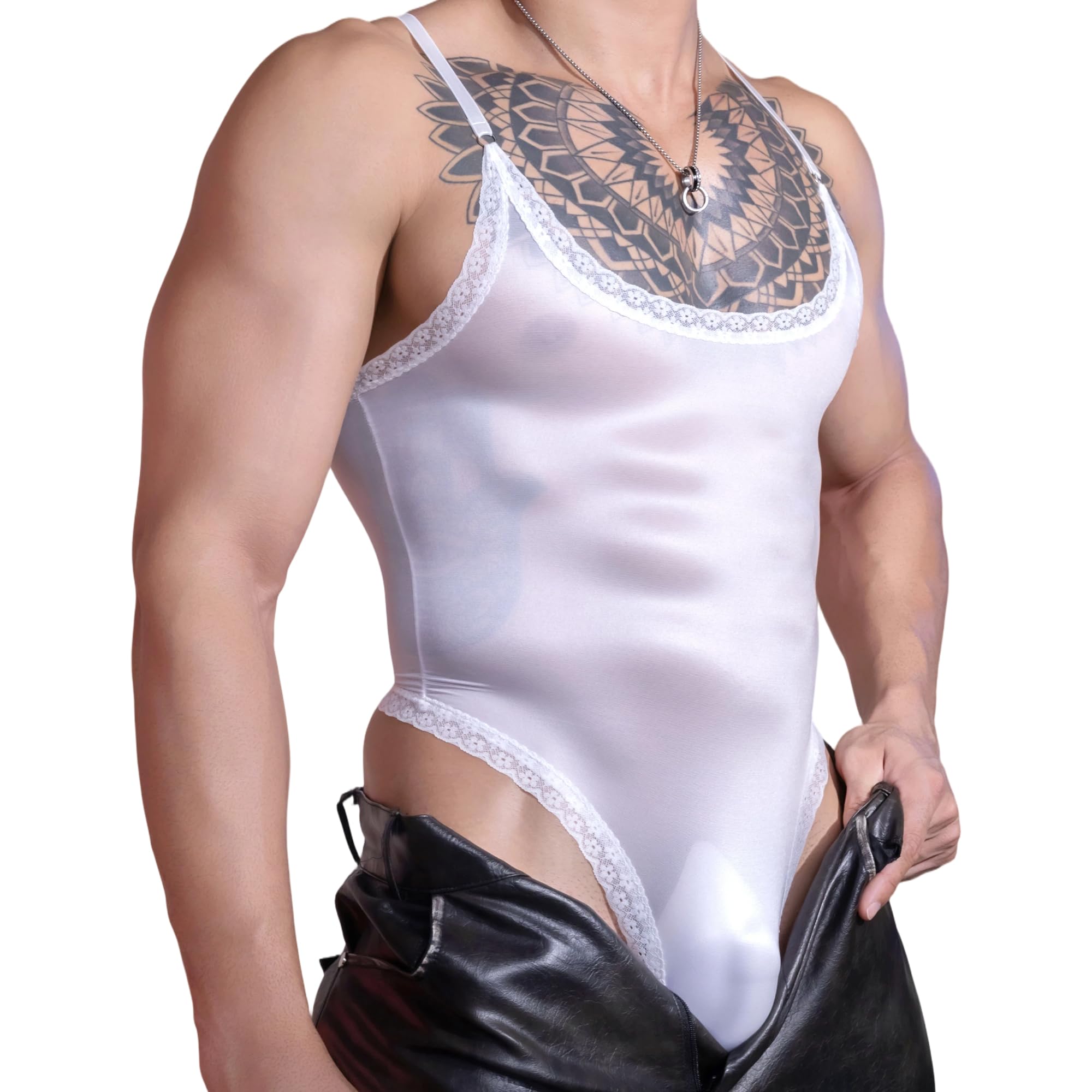 YOOBNG Men's Sissy Lingerie Shapewear Sheer Lace Bodysuit Lace Transgender Underwear Singlets Nightwear