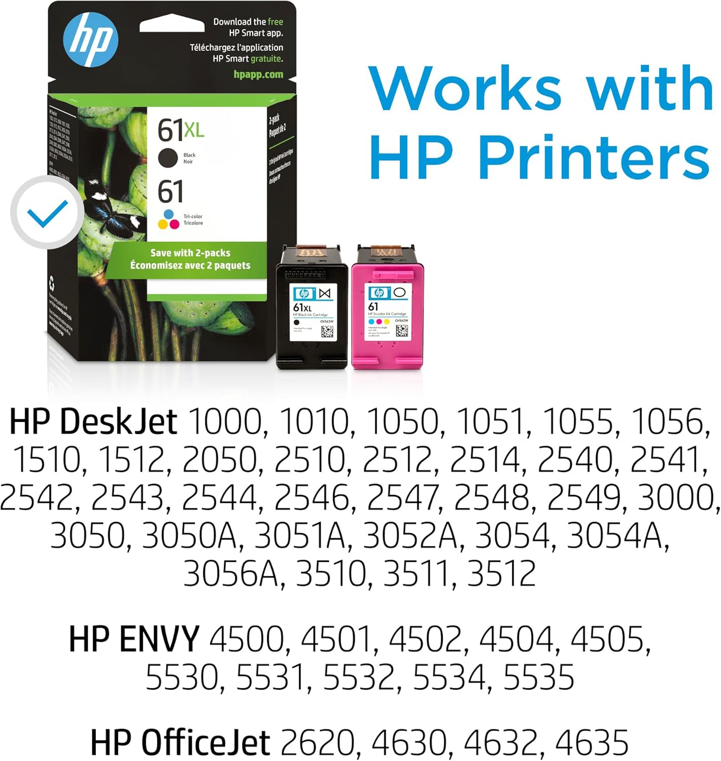 HP Original 61 Tri-Color / 61XL Black Ink Cartridges (2-Pack) | Works DeskJet 1000, 1510, 2050, 2500, 3000, 3510 Envy 4500, 5530
